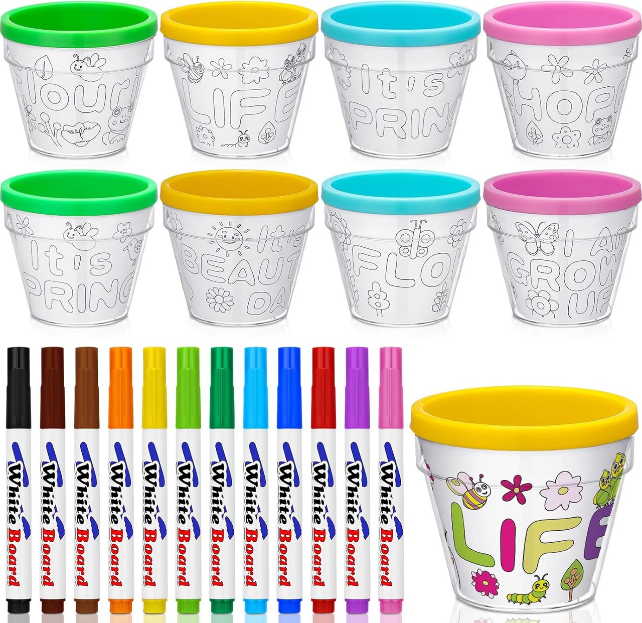 28-Piece Spring DIY Flower Pot Craft Kit – Includes 16 Paint-Your-Own Flower Pots and 12 Colorful Markers, Perfect for Adult Craft Activities and Personalized Spring Décor